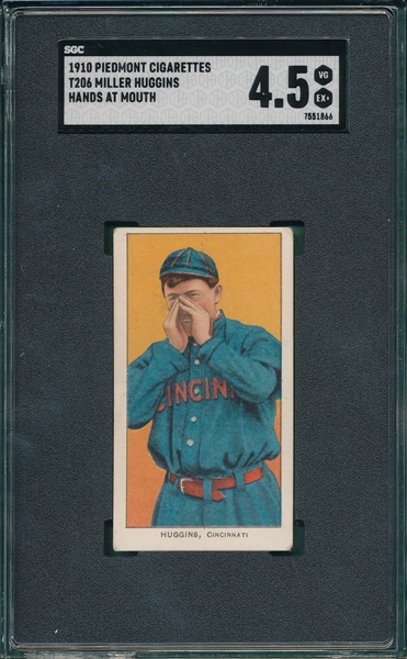1909-1911 T206 Huggins, Hands At Mouth, Piedmont Cigarettes, SGC 4.5