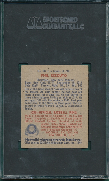 1949 Bowman #98 Phil Rizzuto, No Name On Front, SGC 4 *Presents Better*