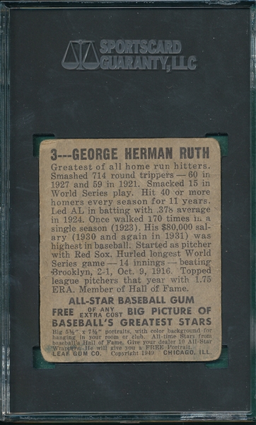 1948-49 Leaf #3 Babe Ruth SGC 1.5