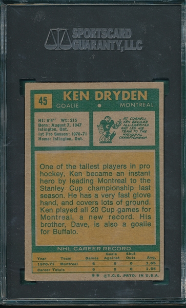 1971-72 Topps HCKY #45 Ken Dryden SGC 4 *Rookie*