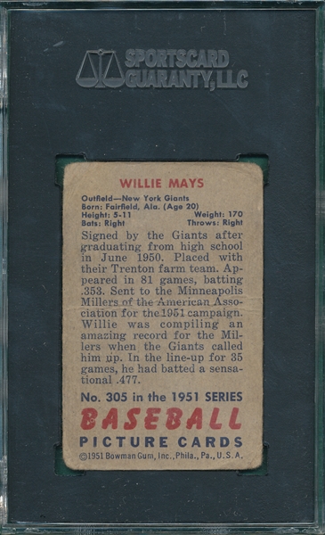 1951 Bowman #305 Willie Mays SGC 10 *Hi #* *Rookie*