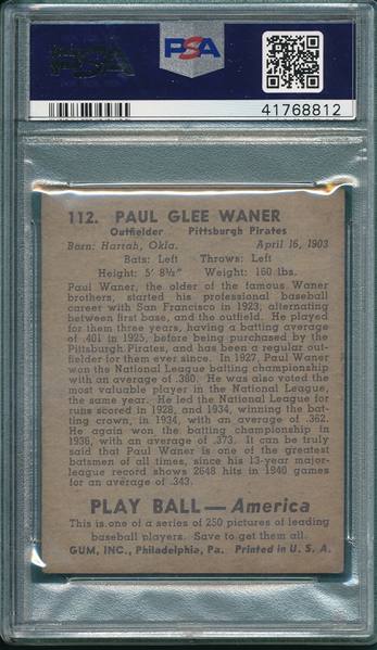 1939 Play Ball #112 Paul Waner PSA 3