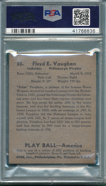 1939 Play Ball #55 Arky Vaughan PSA 5