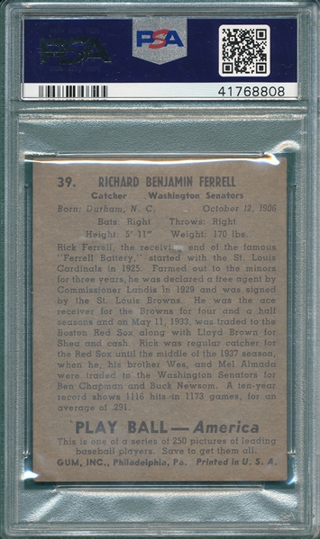 1939 Play Ball #39 Rick Ferrell PSA 5