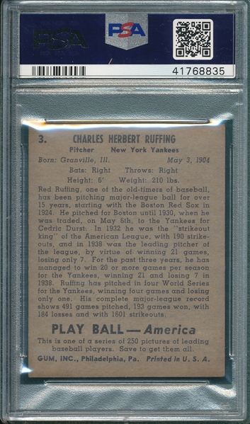 1939 Play Ball #3 Red Ruffing PSA 5