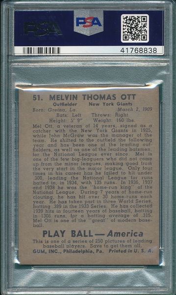 1939 Play Ball #51 Mel Ott PSA 5