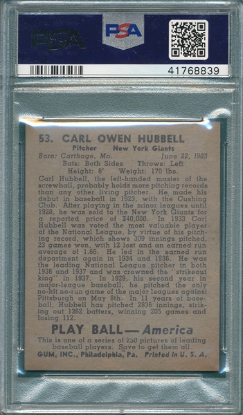 1939 Play Ball #53 Hubbell PSA 6