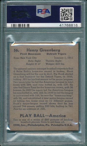1939 Play Ball #56 Hank Greenberg PSA 4