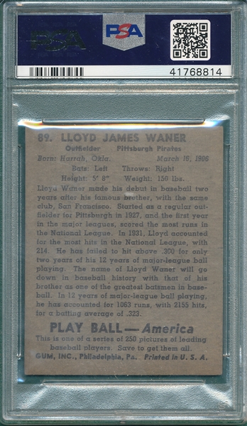1939 Play Ball #89 Lloyd Waner PSA 4