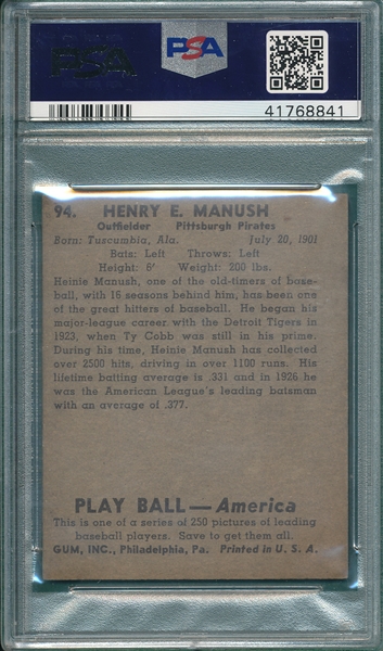 1939 Play Ball #94 Heinie Manush PSA 4