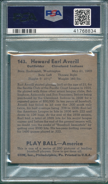 1939 Play Ball #143 Earl Averill PSA 4 *Hi #*