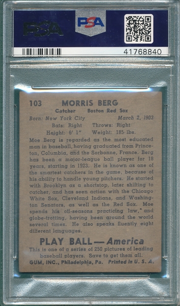 1939 Play Ball #103 Moe Berg PSA 4 