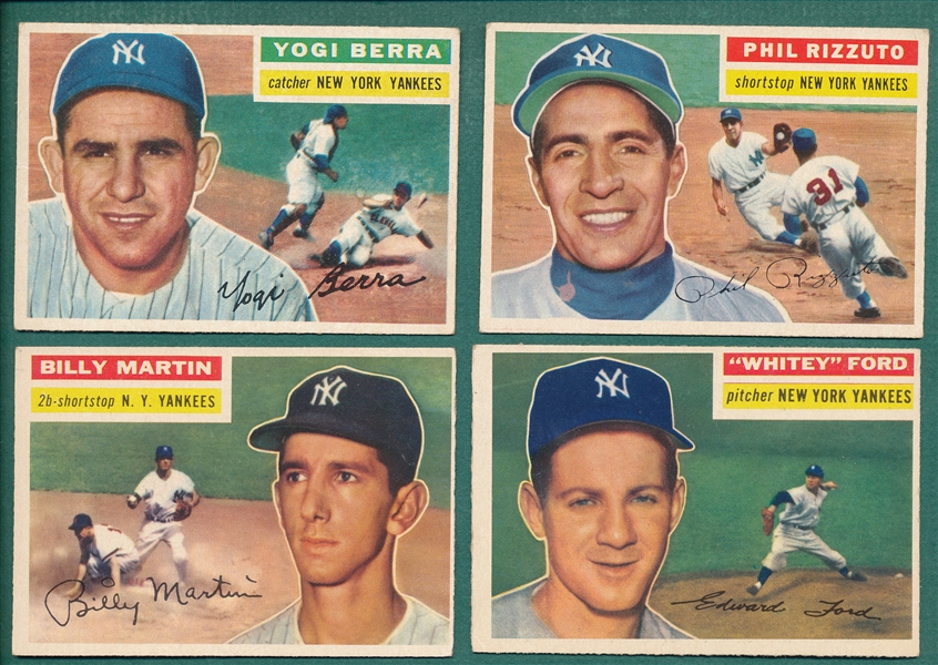 1956 Topps Lot of (4) Yankees W/ Ford, Martin, Rizzuto and Berra