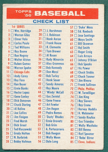 1956 Topps Checklist 1/2