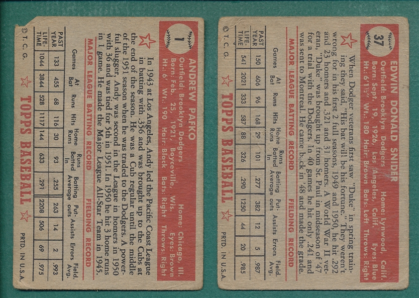1952 Topps #1 Pafko & #37 Snider, Lot of (2)