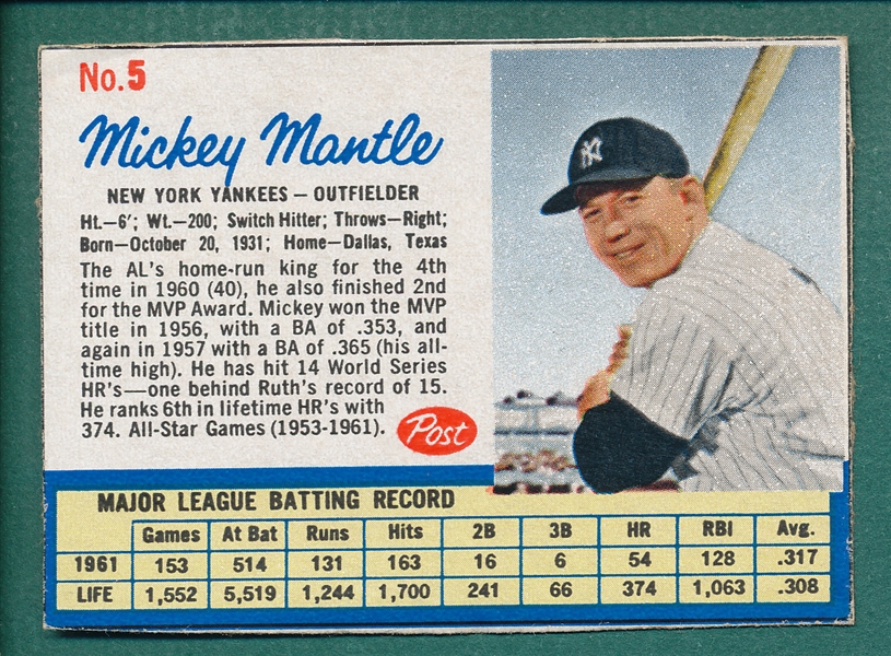 1962 Post #5 Mickey Mantle