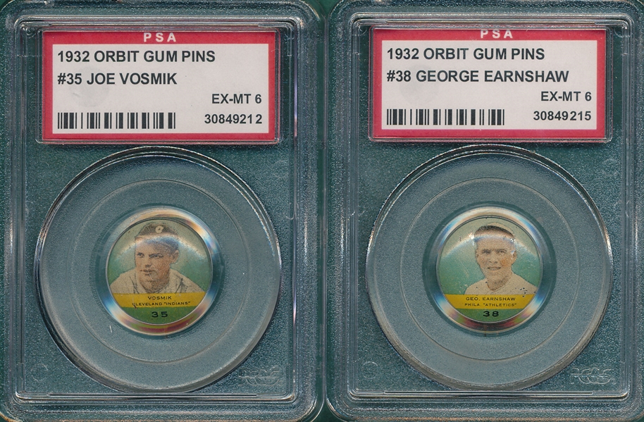 1932 Orbit Gum Pins #35 Vosmik & #38 Earnshaw, Lot of (2), PSA 6