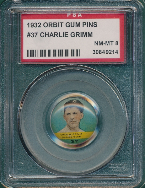 1932 Orbit Gum Pins #37 Charlie Grimm PSA 8