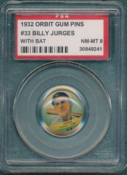 1932 Orbit Gum Pins #33 Billy Jurges, Bat, PSA 8
