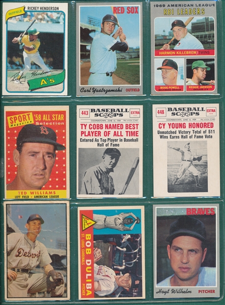 1953-88 Baseball Lot of (27) W/ Ted Williams, Cobb, Gehrig, Ruth & Henderson, Rookie