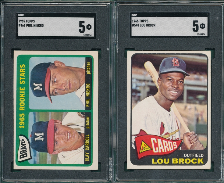 1965 Topps #461 Phil Niekro, Rookie, & #540 Lou Brock, Lot of (2), SGC 5 