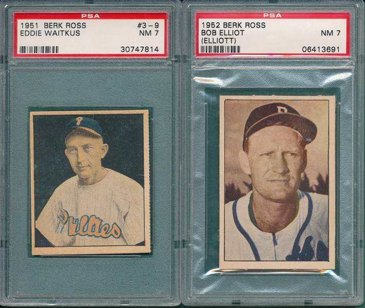 1951 Berk Ross #3-9 Eddie Waitkus & 1952 Elliot, Two Card Lot, PSA 7