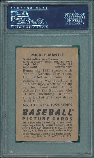 1952 Bowman #101 Mickey Mantle PSA 3.5