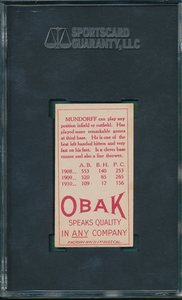 1911 T212-3 Mundorff Obak Cigarettes SGC 60