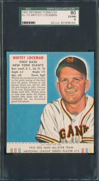  1952 Red Man NL-13 Whitey Lockman W/Tab SGC 80