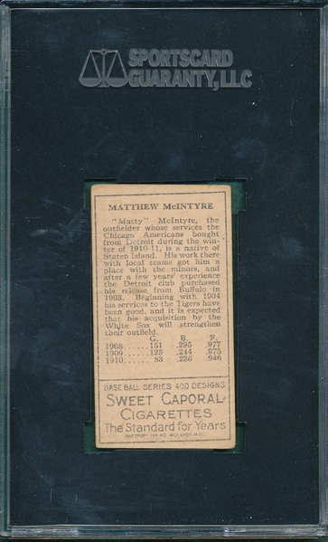 1911 T205 McIntyre, Matty, Sweet Caporal Cigarettes SGC 50
