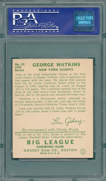 1934 Goudey #53 George Watkins PSA 6 