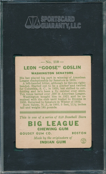 1933 Goudey #110 Goose Goslin SGC 50