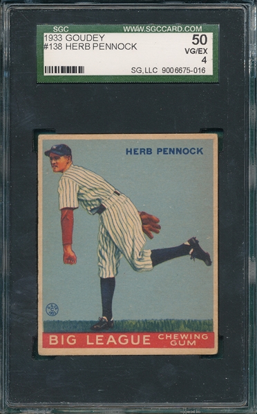 1933 Goudey #138 Herb Pennock SGC 50
