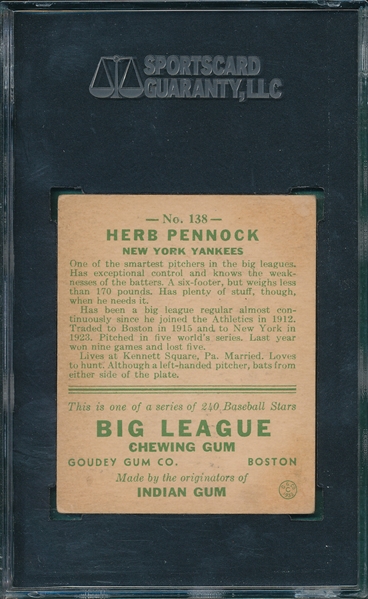 1933 Goudey #138 Herb Pennock SGC 50