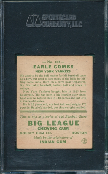 1933 Goudey #103 Earl Combs SGC 45