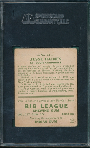 1933 Goudey #73 Jesse Haines SGC 50