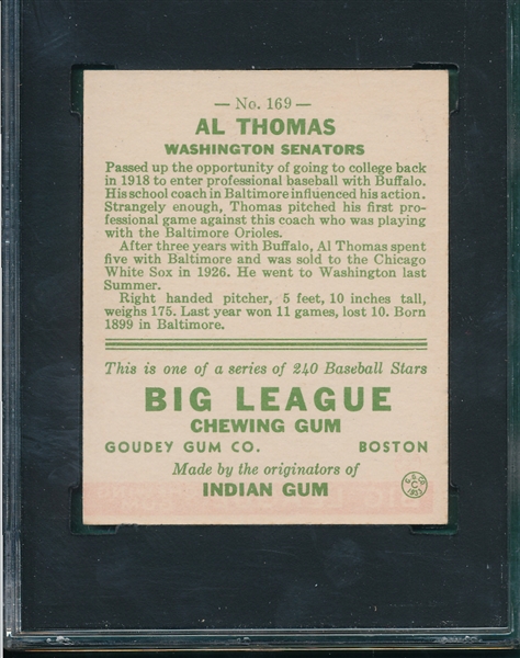 1933 Goudey #169 Al Thomas SGC 50