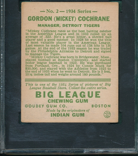 1934 Goudey #2 Mickey Cochrane SGC 50