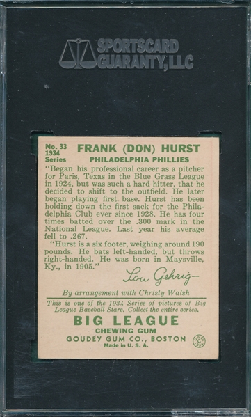1934 Goudey #33 Frank Hurst SGC 55
