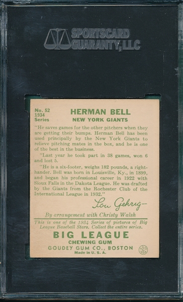 1934 Goudey #52 Herman Bell SGC 80