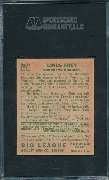 1934 Goudey #89 Linus Frey SGC 70 *Hi #*