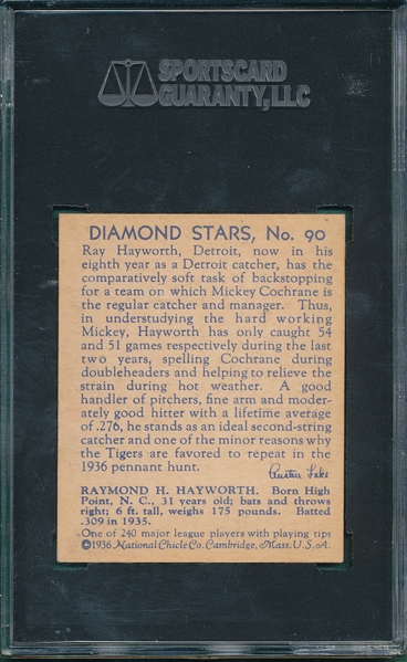 1934-36 Diamond Stars #90 Ray Hayworth SGC 80