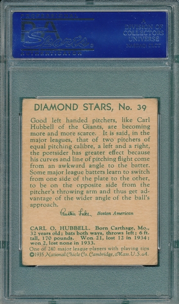 1934-36 Diamond Stars #39 Carl Hubbell PSA 4