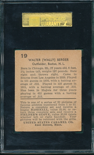 1932 U. S. Caramel #19 Walter Berger SGC 50