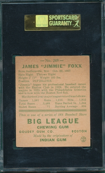 1938 Goudey #249 Jimmy Foxx, Heads-Up, SGC 70