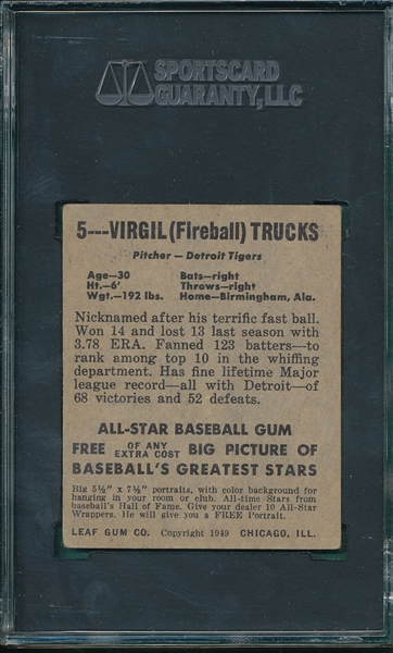 1948-49 Leaf #5 Virgil Trucks SGC 40 *SP*