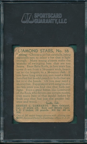 1934-36 Diamond Stars #36 Earnie Lombardi SGC 20 *Error*