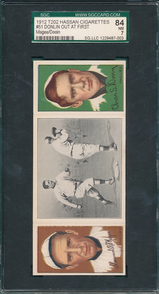 1912 T202 Donlin Out At First, Magee/Dooin, Hassan Cigarettes SGC 84