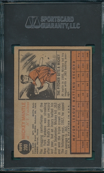 1962 Topps #200 Mickey Mantle SGC 55 