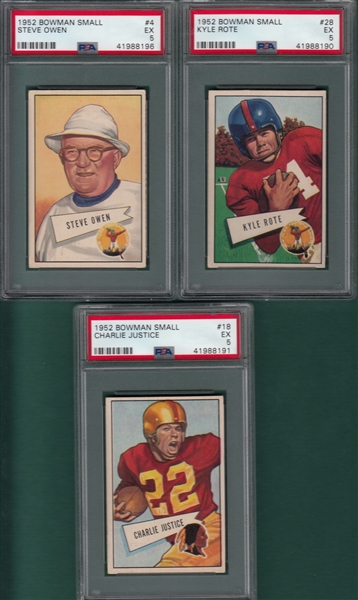 1952 Bowman Small, Owen, Justice & Rote, Lot of (3) PSA 5